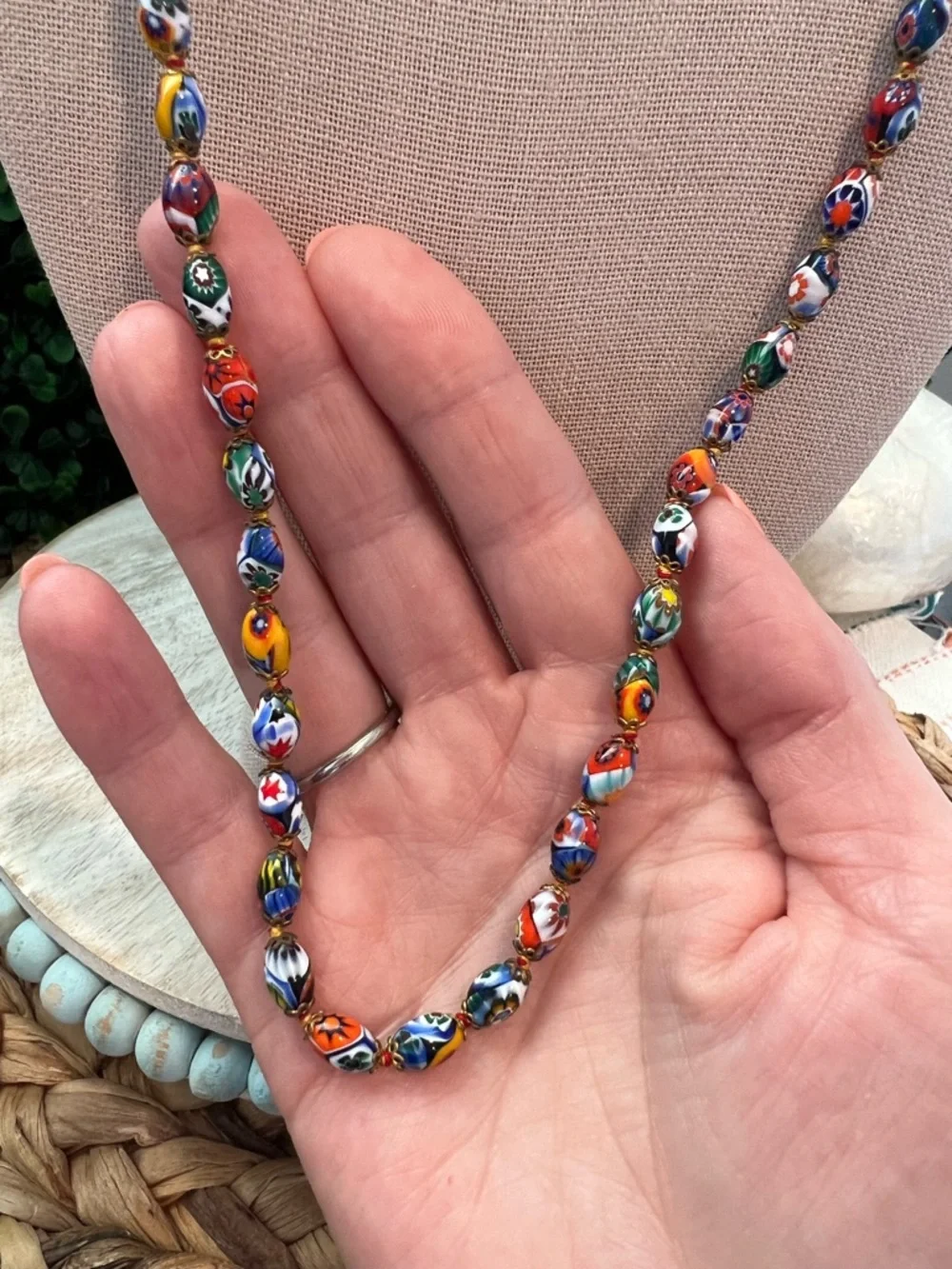Vintage Murano Millefiori Glass Necklace 28” Hand-Knotted Venetian Mosaic Beads